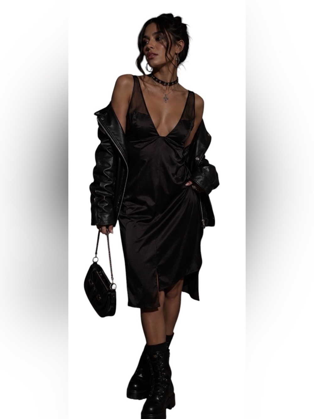 Victoria’s Secret Luxurious SILKY Feel Slip Dress Cut Out Back M Black Edgy Moto